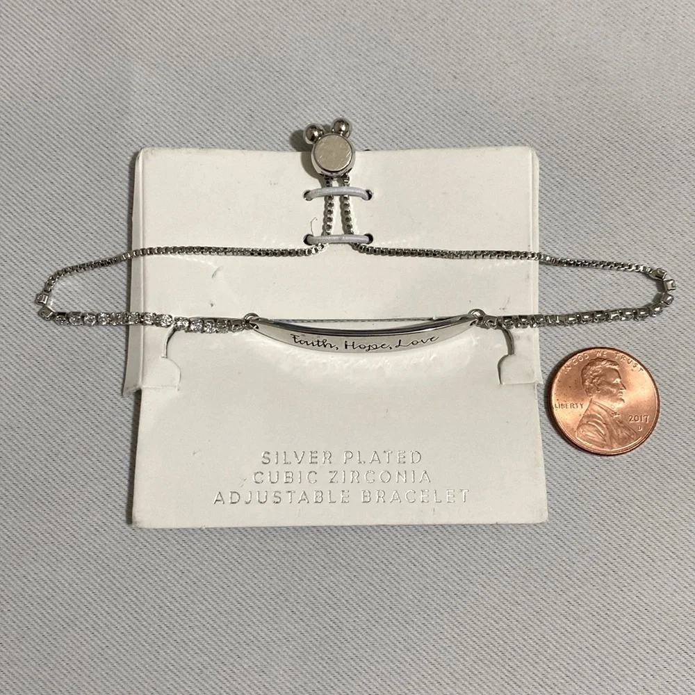 NWOT FAITH, HOPE, LOVE Silver Plated Adjustable Bar Bracelet w CZs on Both Sides